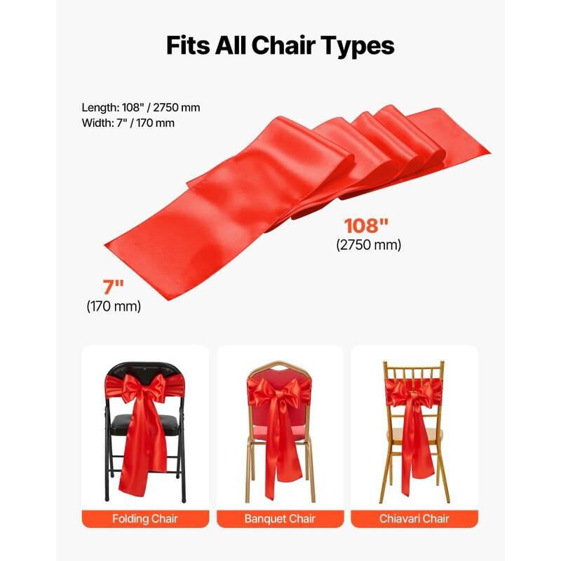 Satin Chair Ribbons for Wedding Reception Adjustable Fit for Folding Banquet and Chiavari Chairs