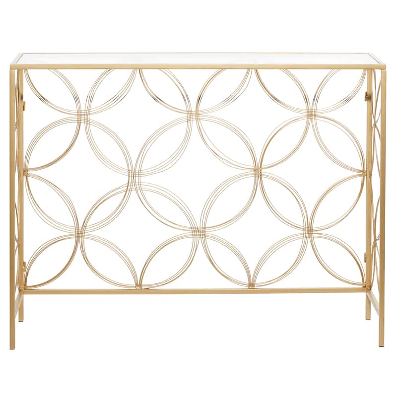 Metal Geometric Open Style Quatrefoil Frame Console Table with Glass Top - Gold - Roche River Decor - 12"Wx42"Lx32"H