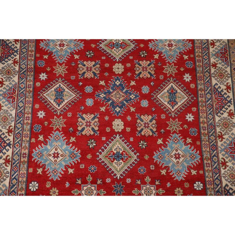 Geometric Red Kazak Area Rug Hand-Knotted Wool Carpet - 6'5" x 9'10"