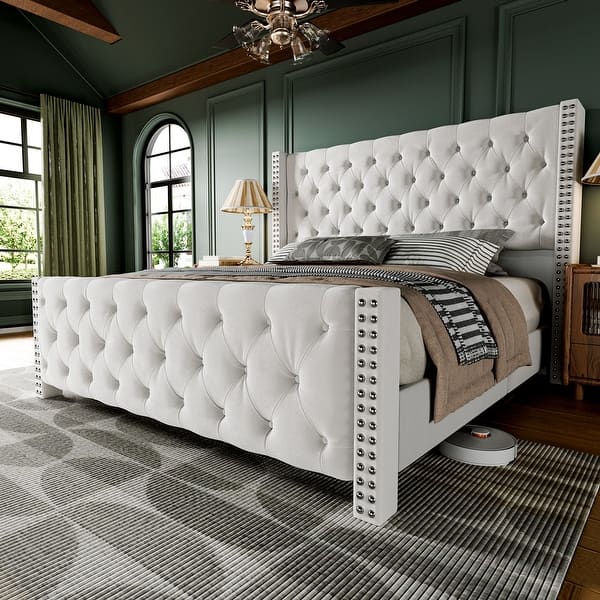 Velvet Upholstered Wingback Bed Frame With Deepen Button Tufting - Bed ...