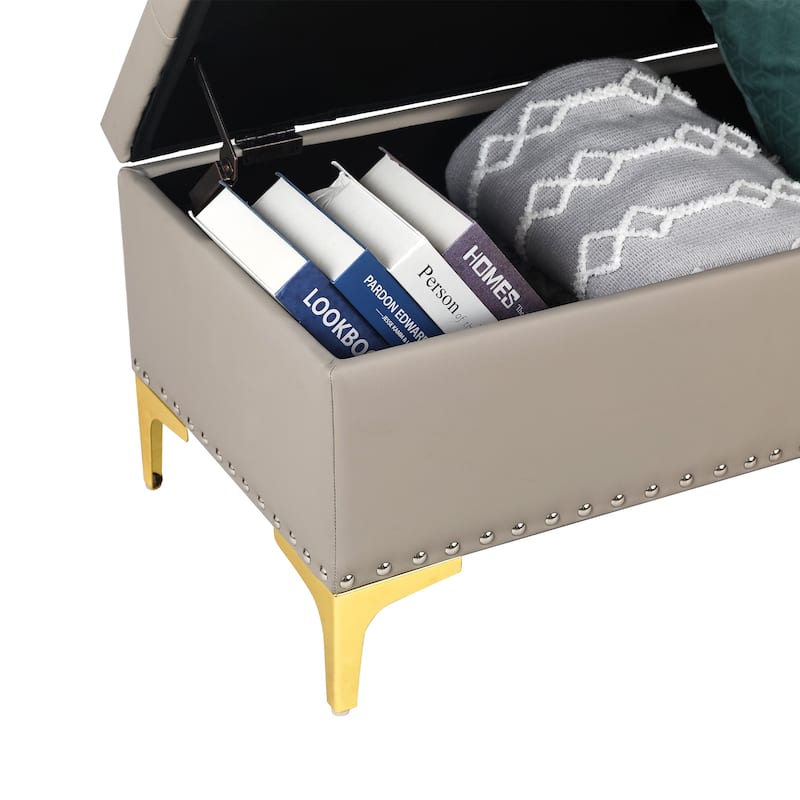 Adeco Rectangle Storage Ottoman 38" Button Tufted Long Bench with Metal Legs