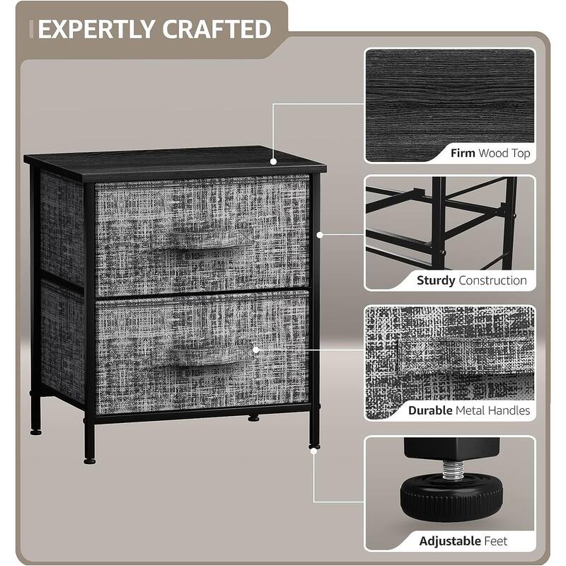 2 Drawer Nightstand Dresser Organizer Steel Frame Wood Top Fabric Bins
