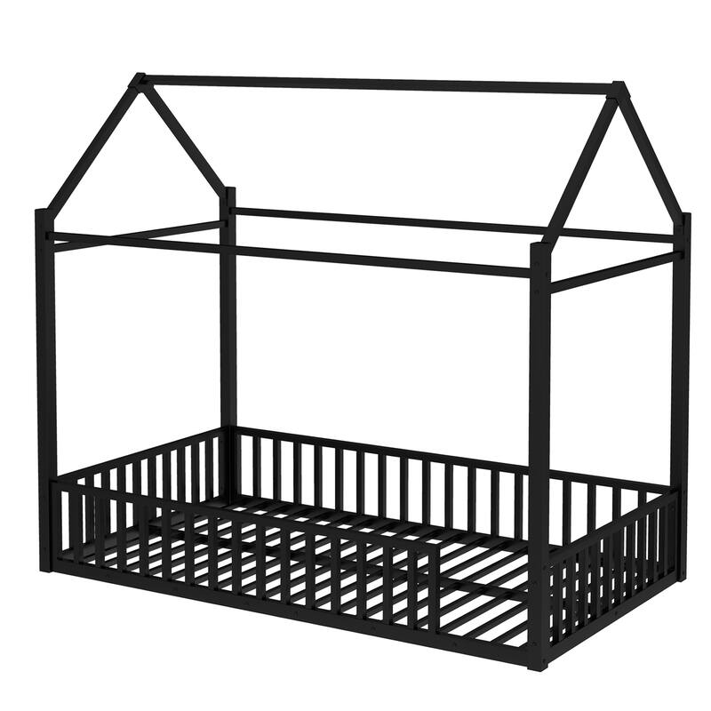 Roomfitters Metal Twin House Bed Frame with Guardrails & Detachable Slats, Convertible Floor to Loft Design, Black