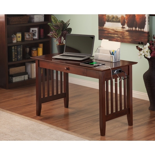 Walnut Brown 1-drawer Mission Desk with USB Outlets. Opens flyout.