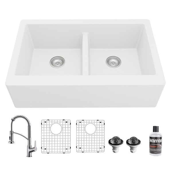 Karran All in One Apron Front Quartz 34 in. Double Bowl 50/50 Kitchen Sink in White with Faucet KKF210 in Stainless Steel. Opens flyout.