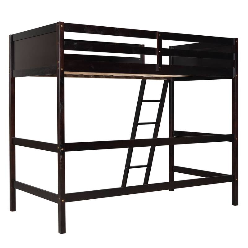 Espresso Twin Size Solid Wood Loft Bed with Ladder and Fence for Bedroom, Boys and Girls