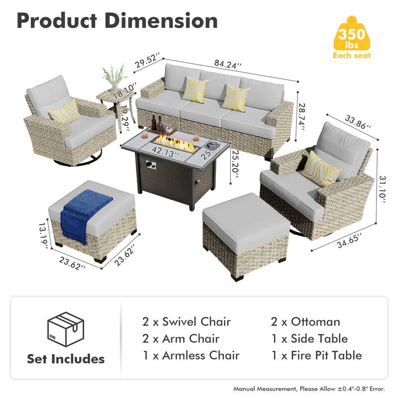 HOOOWOOO 9-piece Wicker Patio Furniture Swivel Rocking Chair Set with Fire Pit
