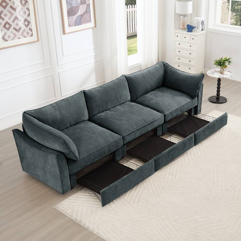 Rossetta 3-Seater Crescent Armrests Sofa with Pull-Out Storage Drawers and Wraparound Cushions in Classic Color Chenille
