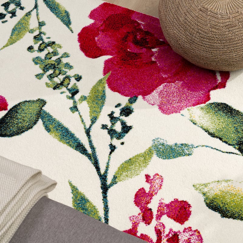 Artistic Area Rug Rose Motif in Watercolor Look