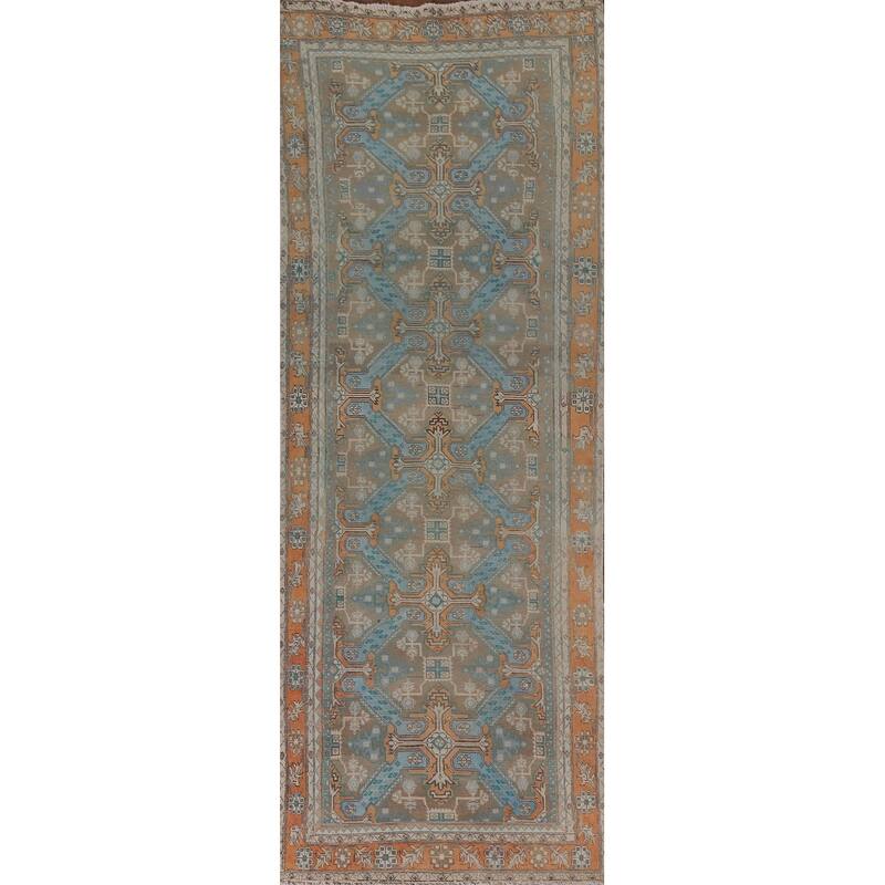 Hand Knotted Oriental 100% Wool Carpet Traditional All-Over Beige & Ivories Heriz Runner Rug - 10' 9'' X 3' 4''
