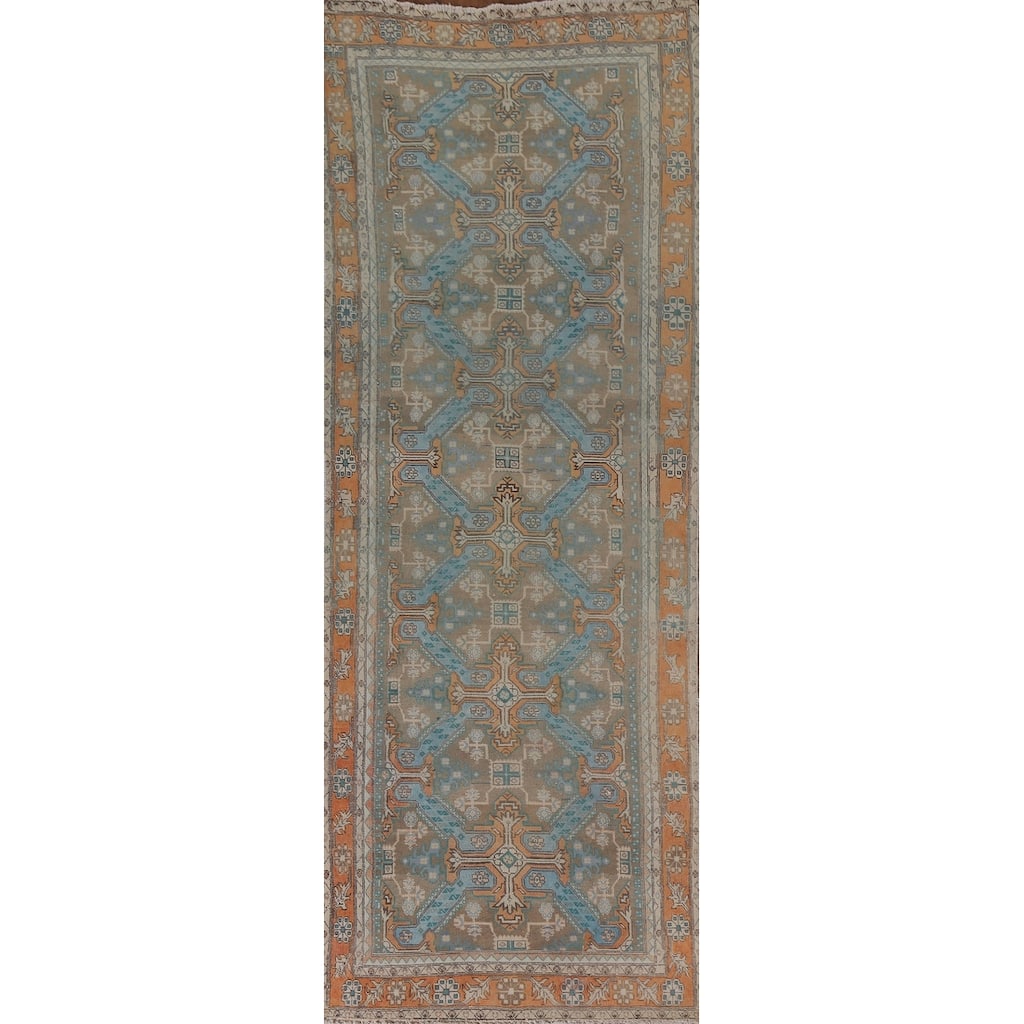 Hand Knotted Oriental 100% Wool Carpet Traditional All-Over Beige & Ivories Heriz Runner Rug - 10' 9'' X 3' 4''
