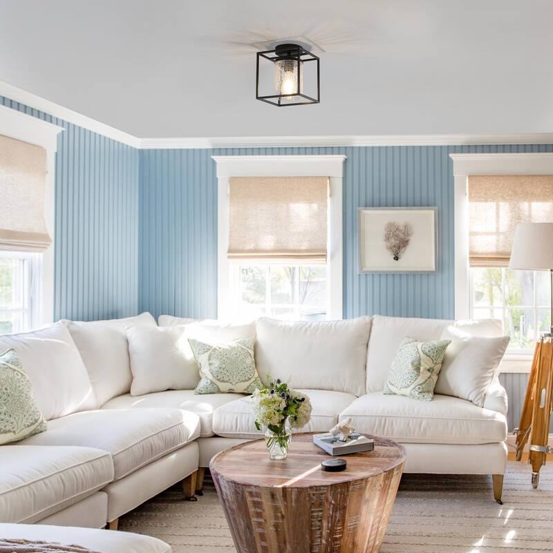 1-Light Modern Black Metal Frame Textured Glass Ceiling Light - Matte Black