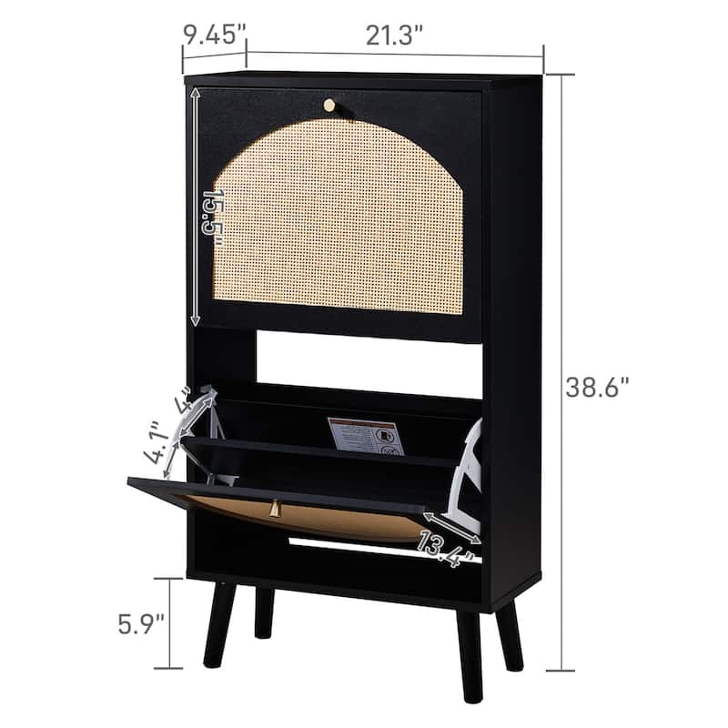 Black Flip Down Shoe Cabinet with Rattan Style Fronts Elevated Legs and Space Saving Storage for Home Entryway