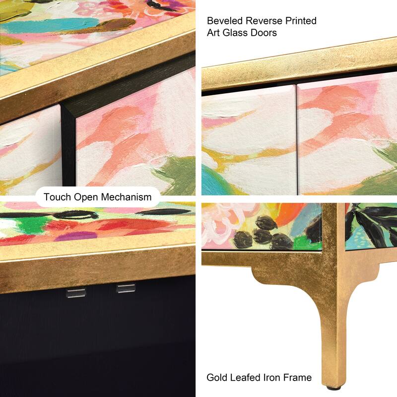 "Secret Garden Floral" Reverse Printed Beveled Art Glass Cabinet Console Table and Mirror Set