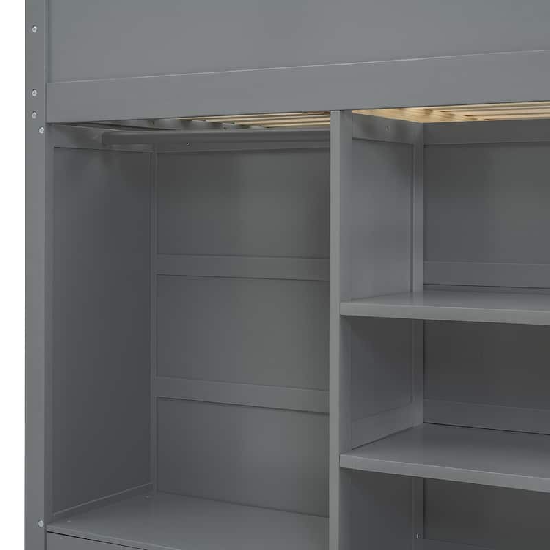 Gray Full Size Solid Wood Loft Bed with Desk, Wardrobes & Drawers