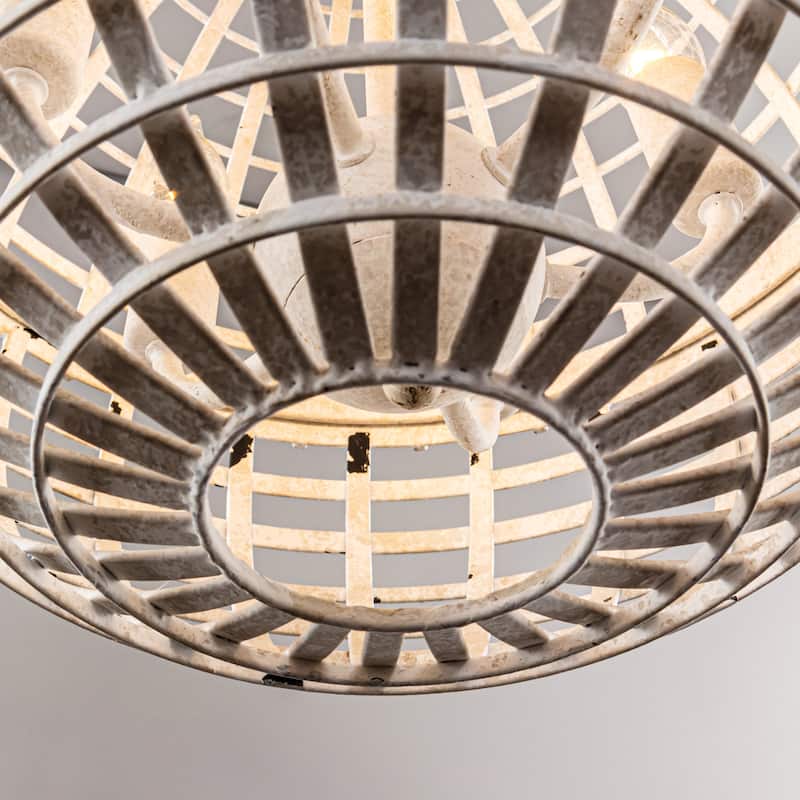 Cottage Distressed White Metal Globe Dimmable 6-Light Chandelier Pendant Light