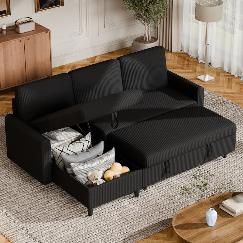 Futzca 3-in-1 Convertible Corduroy Sofa Bed with Storage, L-Shaped Sectional Couch