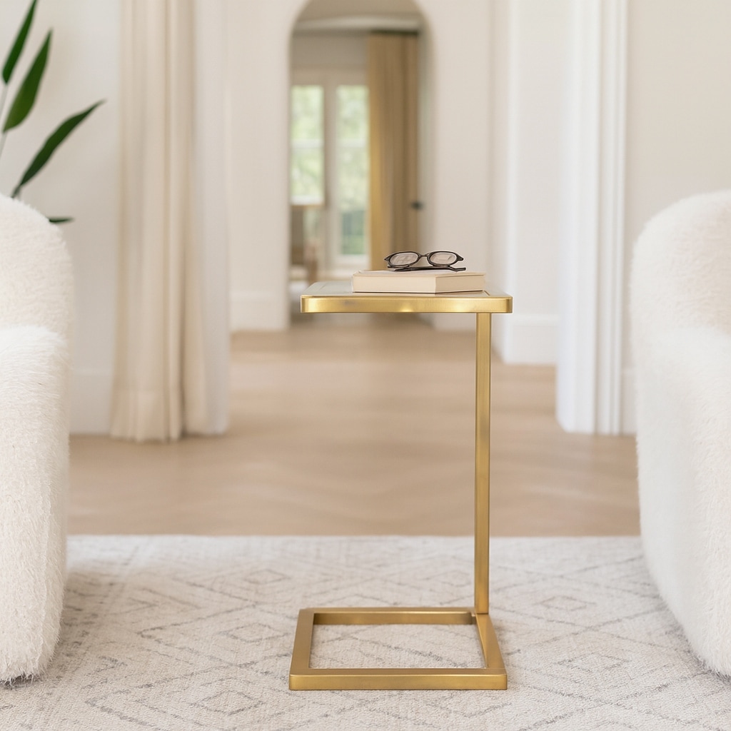 Metal Side Table Square Top Narrow C-Frame Accent - White - 24.0"