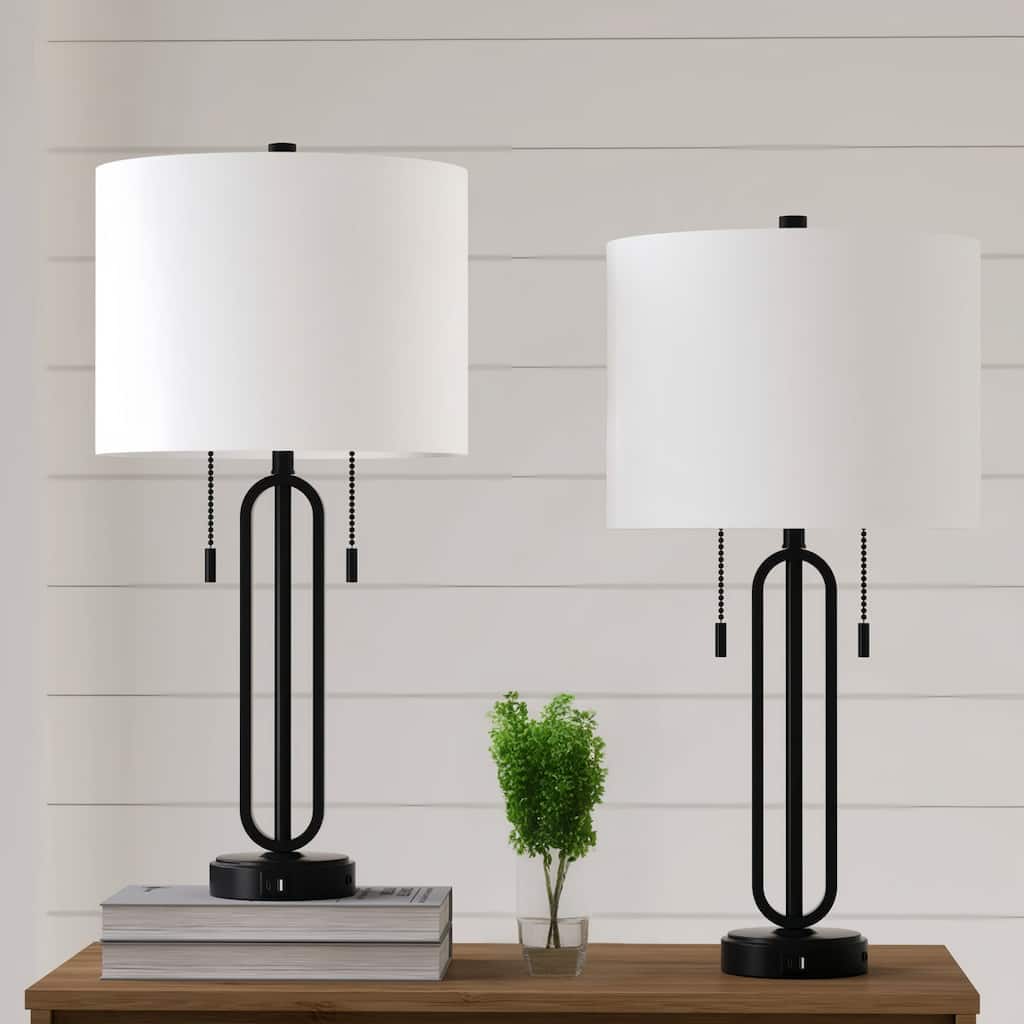 Maxax 26.5" Industrial Iron Table Lamp Dual Pull Chain USB Type-C Ports for Bedroom Living Room (Set of 2)