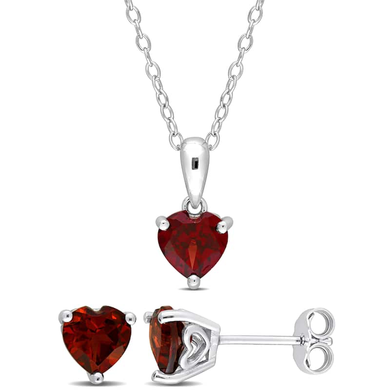 Miadora 2 1/5ct TGW Heart-Shape Garnet Set of Necklace and Earrings in Sterling Silver