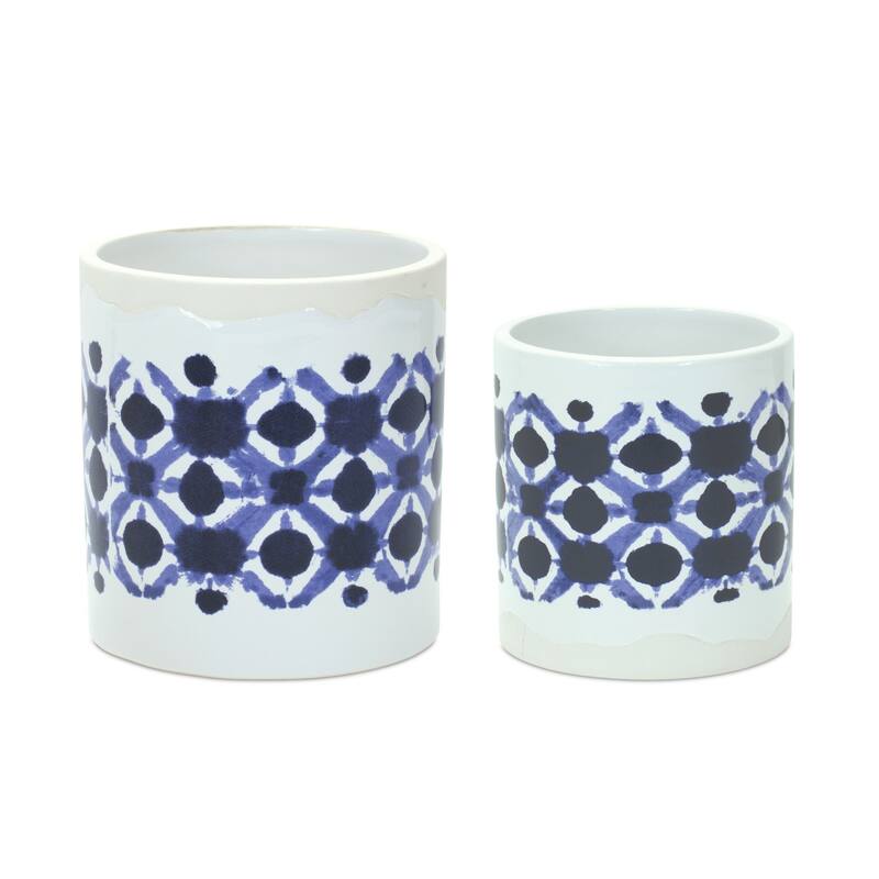 HomeRoots Set of Two White And Blue Ceramic 5 Ounce Geometric Round Pot Planters - 5.50 in. x 6.00 in. x 5.50 in.