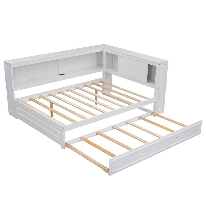 Full Size Wood Daybed with Storage Shelves, USB, LED, and Trundle