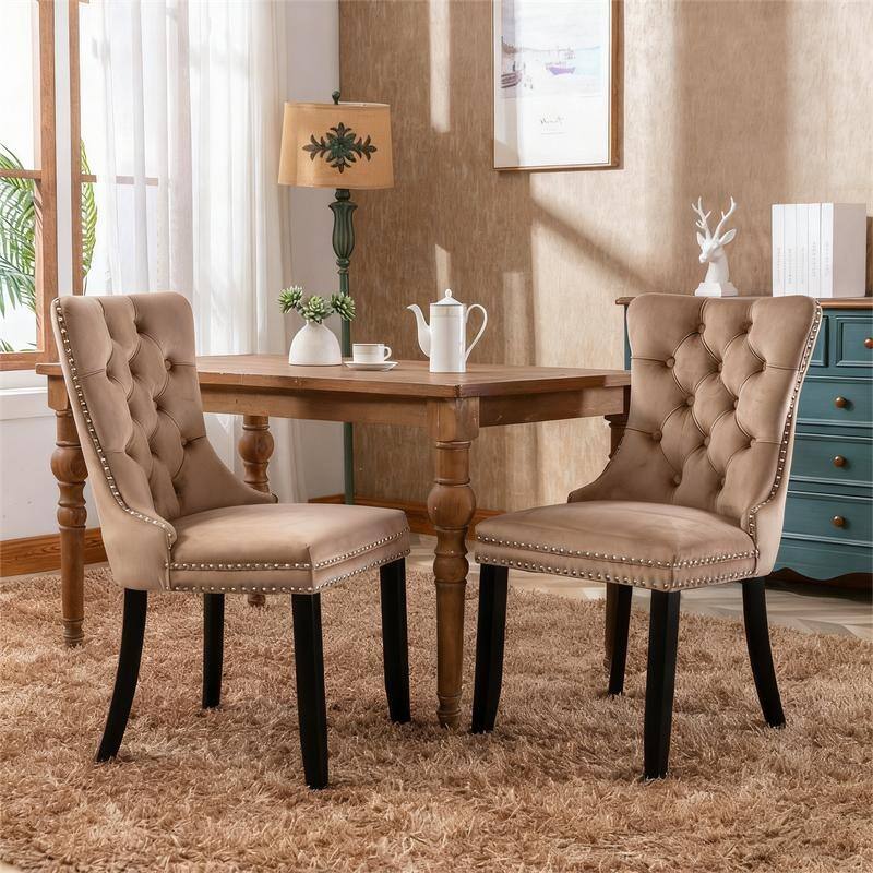 Solid Wood Velvet Upholstered Dining Chair Set of 2 - Khaki