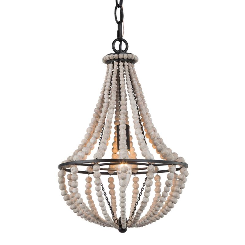 Farmhouse 1-Light Wood Beads Mini Chandelier Boho Pendant Light for Kitchen Island - Dia. 10" x H 15"