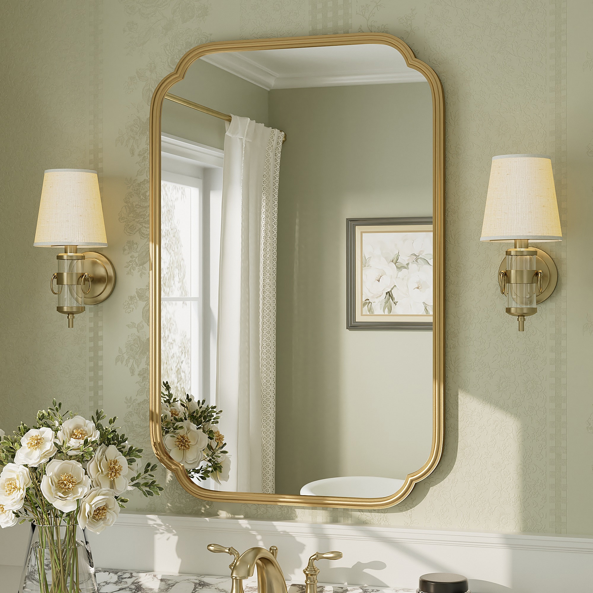 Metal Frame Farmhouse Rounded Corner Framed Wall Bathroom Vanity Mirror in Tempered Glass