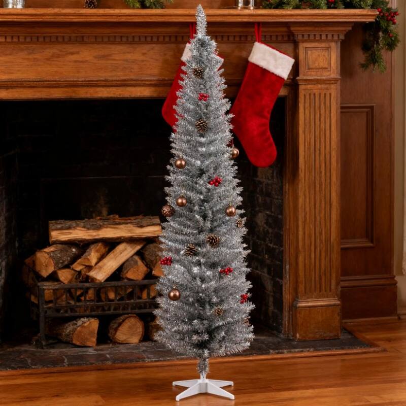 Pencil Christmas Tree,Decorated Christmas Tree, with 499 Realistic Branch Tips and Plastic Stand - Silver - Silver