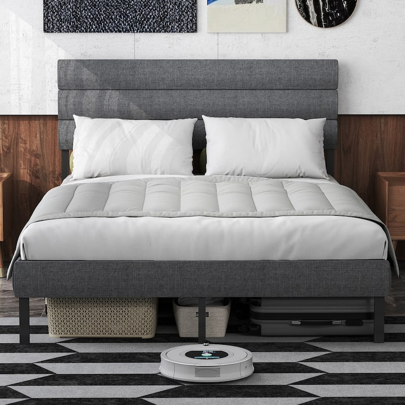 Queen Size Upholstered Platform Bed with Headboard, 14'' Underbed Storage, No Box Spring Needed - Grey+Black