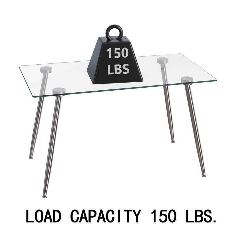 Glass Dining Table, Modern Rectangular Table with Tempered Glass Tabletop & Sliver metal Legs, Simplistic Kitchen Table