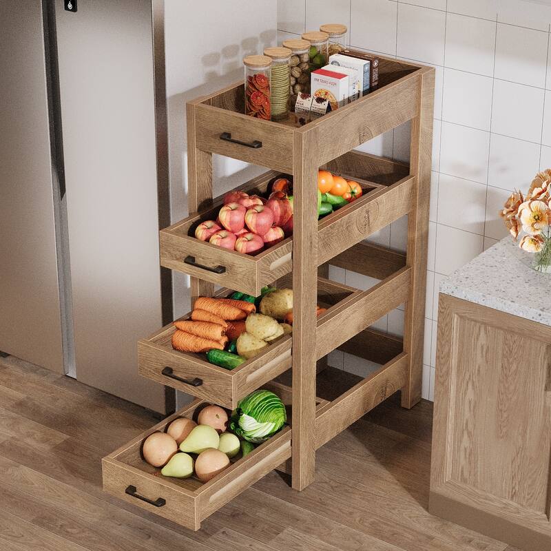 Vertical Standing Basket with 3 Drawers, 3-Tier Fruit Vegetable Storage Tower for Kitchen Kitchen, Living Room - Rustic Brown