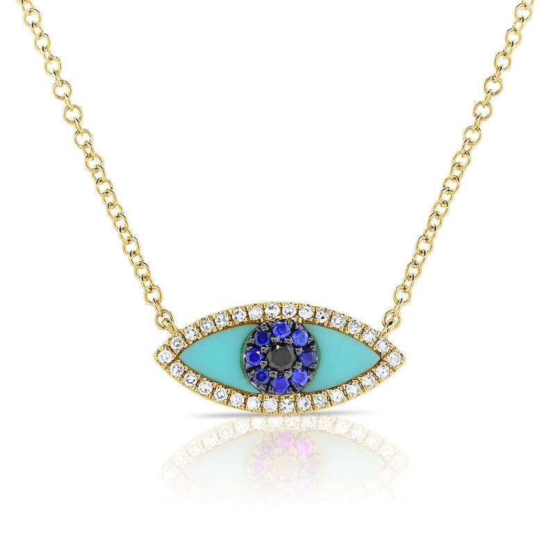 Joelle Collection Turquoise Sapphire & Diamond Evil Eye Pendant 14K Gold Eye Necklace