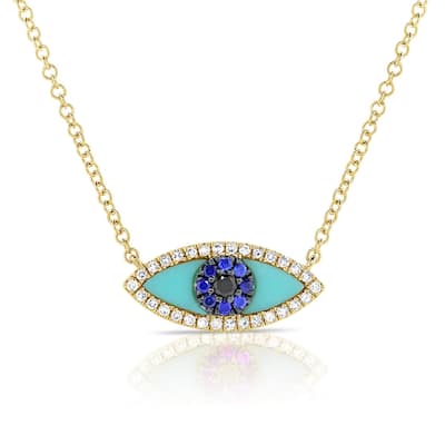 Joelle Collection Turquoise Sapphire & Diamond Evil Eye Pendant 14K Gold Eye Necklace