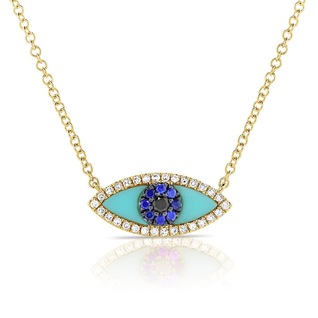 Joelle Collection Turquoise Sapphire & Diamond Evil Eye Pendant 14K Gold Eye Necklace