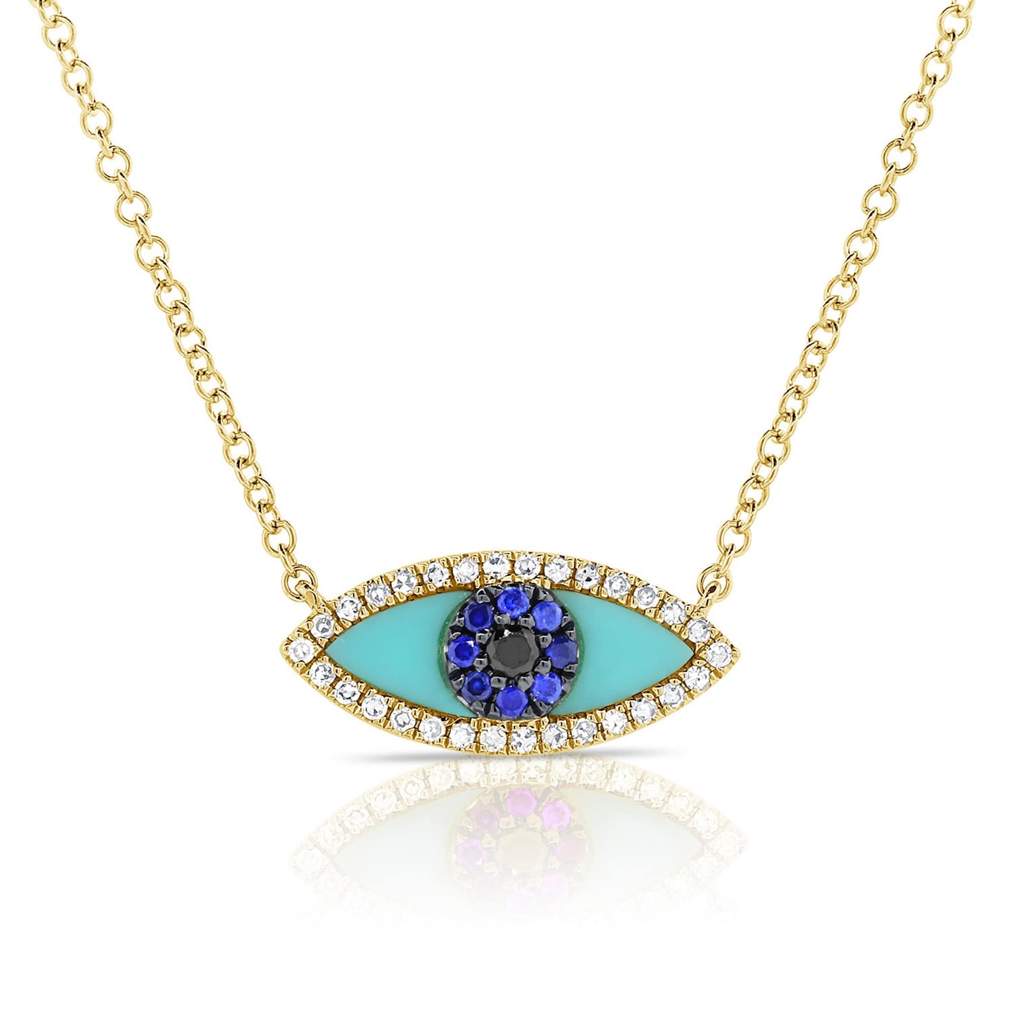 Joelle Collection Turquoise Sapphire & Diamond Evil Eye Pendant 14K Gold Eye Necklace