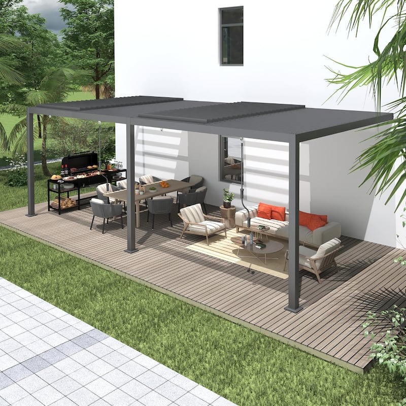 EROMMY Outdoor Louvered Pergola Gazebo with Adjustable Aluminum Rainproof Roof and Pull-Down Screen