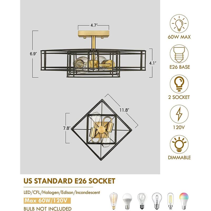 2-Light Semi Flush Mount Ceiling Light - Black and Gold 1