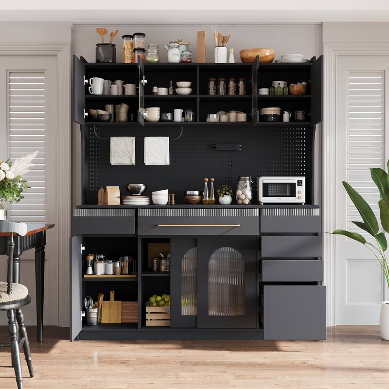 Freestanding 63" W Buffet with Hutch, Large Coffee Bar Storage Cabinet with 6 Drawers, 5 Cabinets with Adjustable Shelves - Black
