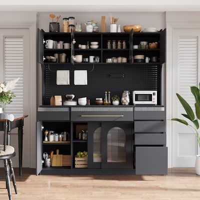 Freestanding Buffet with Hutch, Large Coffee Bar Storage Cabinet with Drawers, Cabinets with Adjustable Shelves