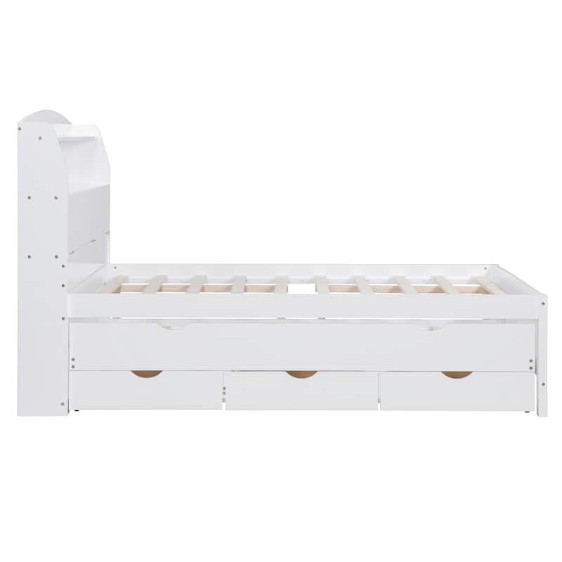 Full Size Wooden LED Platform Bed with Trundle, Storage Headboard Modern Floor Standing Bed Frame with Drawers