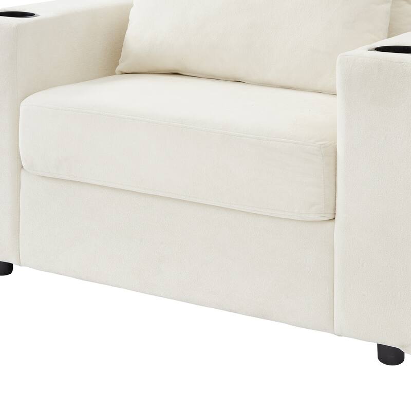 Chenille Modern Chaise Lounge Sofa with Storage Ottoman, USB Ports, Cup Holders and Side Pockets