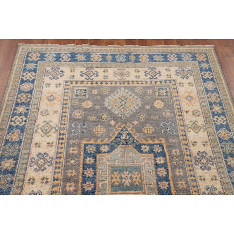 Geometric Kazak Area Rug Handmade Oriental Wool Carpet - 4'0" x 5'9"