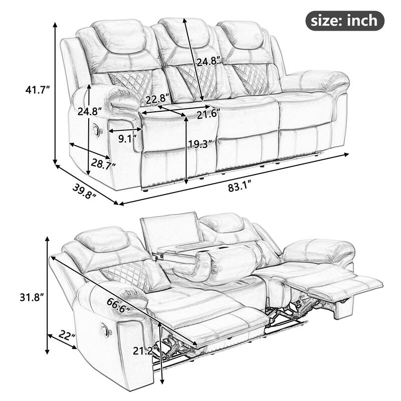 Home Theater Seating Manual Recliner Chair with Center Console and LED Light Strip for Living Room, Black