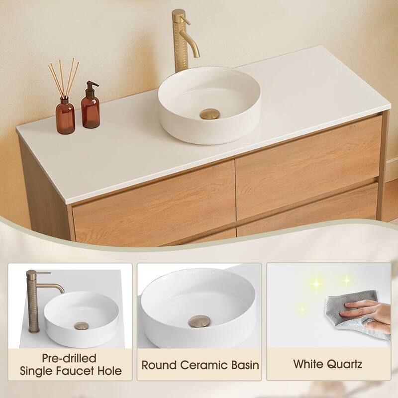 48" Floating Bathroom Vanity Quartz Counter Top with Ceramic Vessel Sink