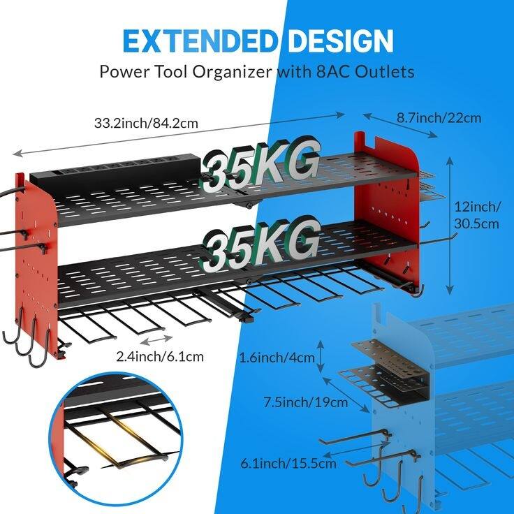 Power Tool Organizer with Charging Station Garage 8 Drill Holders Wall Mount with 8 Outlets Power Strip