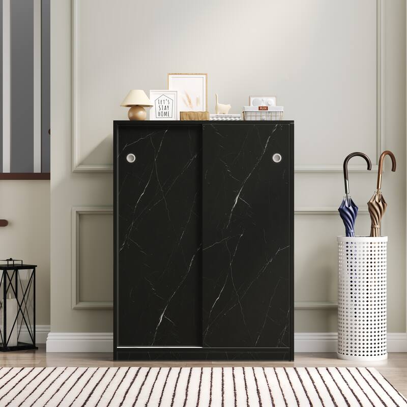 Minimalist Marble Black Sliding Shoe Organizer Rack Cabinet with 6 Layers, Entryway and Hallway Storage for 30 Pairs Shoes