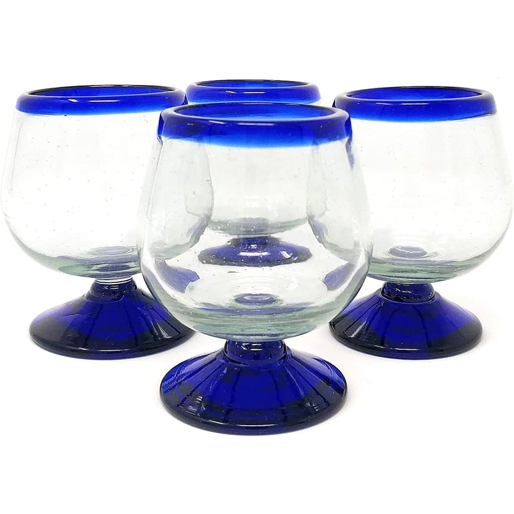 Dos Sueños Mexican Hand Blown Glass - Set of 4 Hand Blown Cognac Snifter Glasses - Cobalt Blue Rim