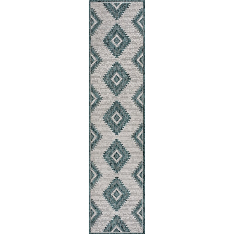 JONATHAN Y Aimee Geometric Moroccan Diamond Black/Cream Indoor/Outdoor Area Rug - 2 X 8 - Turquoise/Cream